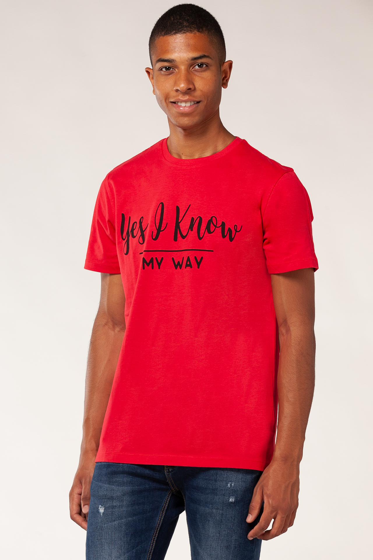 T.SHIRT GIROCOLLO BASIC STAMPA YES I KNOW MY WAY ROSSO