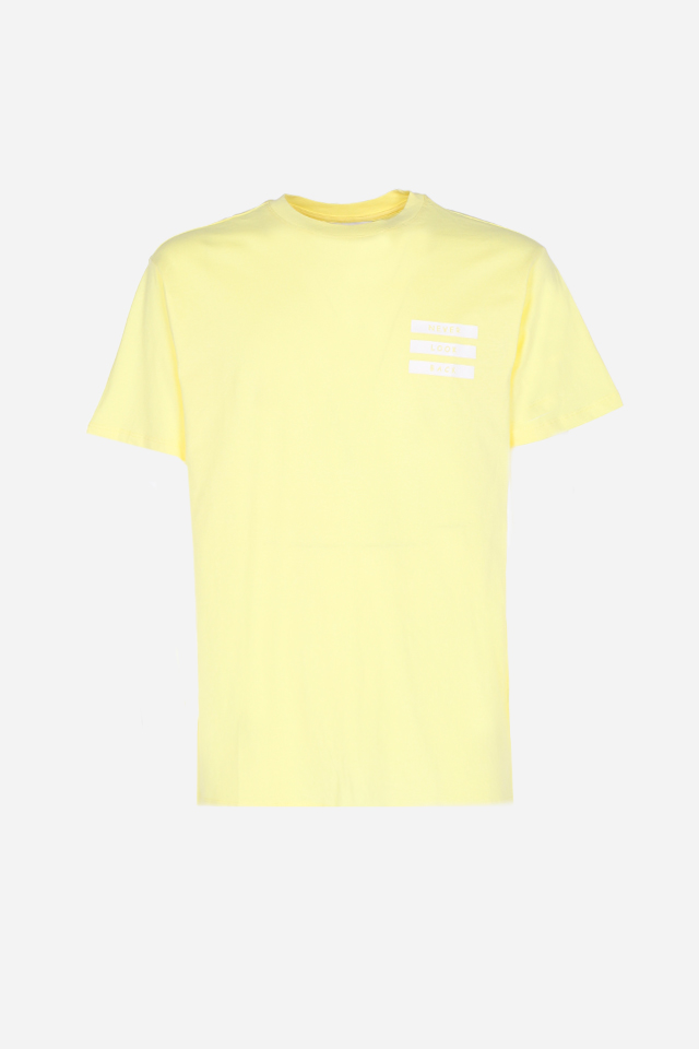 T-SHIRT CON STAMPA RIGHE NEVER LOOK BACK GIALLO
