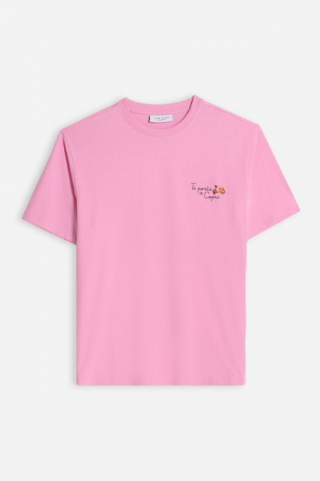 T-shirt girocollo con stampa e ricamo rosa
